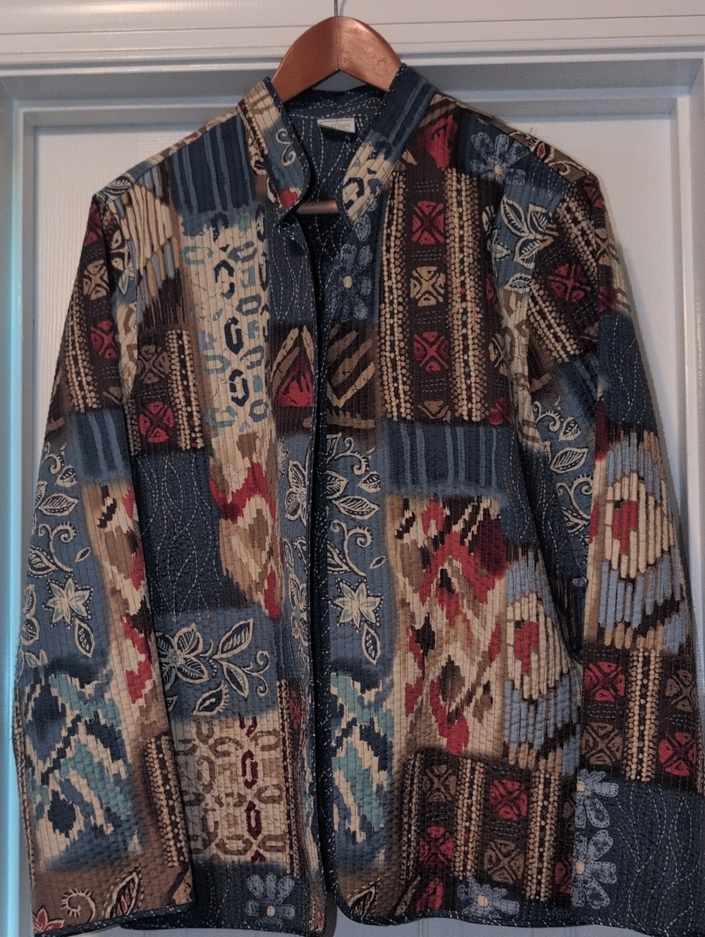 Alfred Dunner Blue Multi Patchwork-Print Lightweight Zip Jacket